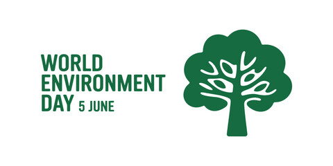 World Environment Day. June 5 typography with green tree illustration representing nature conservation, environmental awareness, sustainability, and global responsibility. © MOSA