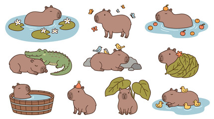Obraz premium Cute capybara collection in various activities like swimming, relaxing on rocks, and playing with birds, with a friendly and peaceful atmosphere