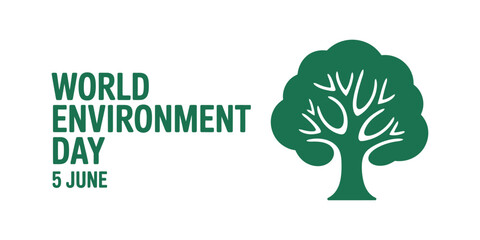 World Environment Day. June 5 typography with green tree illustration representing nature conservation, environmental awareness, sustainability, and global responsibility. © MOSA