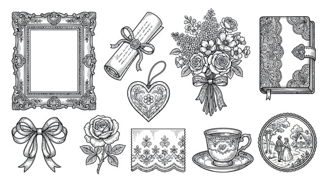 Black and white vintage wedding icons set with frame, bouquet, heart, and cup