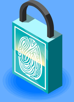 Isometric Biometric Padlock with Fingerprint Scanner and Cyber Security Data Protection Concept Vector Illustration