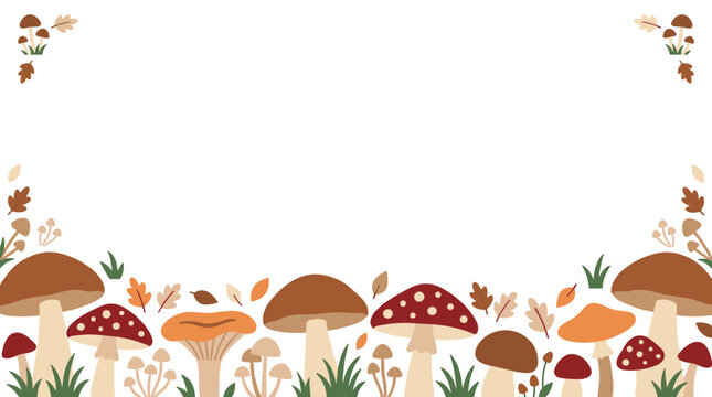 A charming border illustration of various mushrooms and autumn leaves in warm earthy tones, perfect for seasonal decoration and rustic design