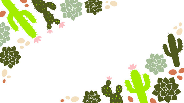 Desert landscape border with various cacti and succulents, scattered pebbles, with delicate pink flowers, graphic illustration