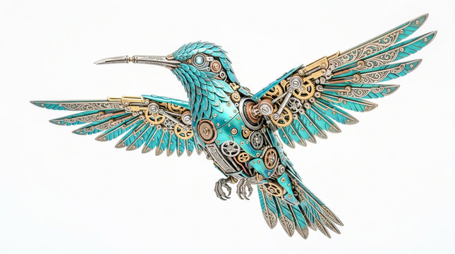 Mechanical hummingbird bird made of metal gears and parts