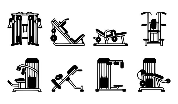 Minimalist Gym Weight Training Machine Line Icon Set with Functional Crossover Cable, Leg Press, Hack Squat, and Extension Vector Graphic Symbols