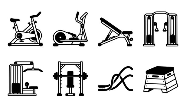 Minimalist Gym Equipment Line Icon Set with Stationary Bike, Elliptical, Bench, Cable Machine, Smith Machine, and Plyo Box for Fitness Designs