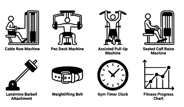 Gym Workout Machines and Strength Training Icon Set Featuring Cable Row, Pec Deck, Pull Up Machine, Weightlifting Belt, and Fitness Progress Chart Vector Illustrations