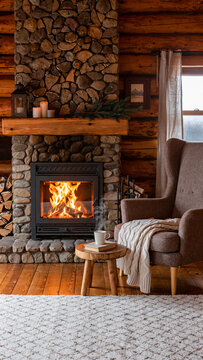 Cozy Living Room With Stone Fireplace And Brown Armchair In Rustic Cabin Setting