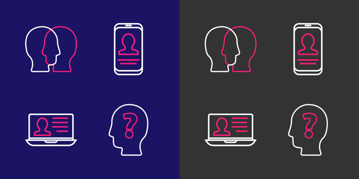 Set line Head with question mark, Laptop resume, Mobile and Project team base icon. Vector
