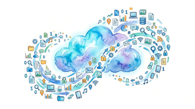 Watercolor infinity loop illustration representing global cloud computing network connectivity with digital data icons isolated on a clean white background