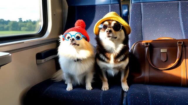 Two funny small dogs wearing hats and sunglasses sitting on a train seat next to a leather bag