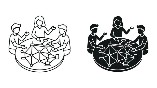 Team collaborating on digital network connection strategy icon with connection
