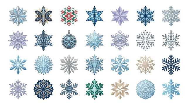 Beautiful collection of colorful and intricate snowflake designs in pixel art style