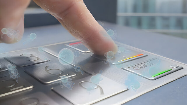 Extreme close up of a finger pressing a metallic keypad on a public terminal covered with digital virus illustrations, highlighting germ contamination on communal devices