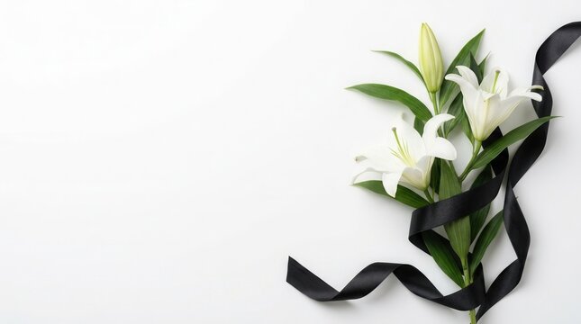 Beautiful lily flowers accompanied by a black funeral ribbon on a white background with text space
