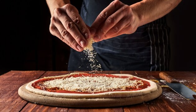 hands sprinkling parmesan on pizza dough at wooden table symbolizing the traditional artistry concept behind pizza making