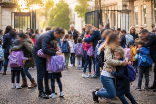Parents greeting and hugging children at school entrance gate during morning hours