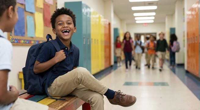 African American elementary student laughing with missing front teeth. Happy boy with backpack sitting in school hallway. Back to school theme