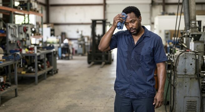 African American male worker wiping sweat from forehead indoors. Tired mechanic in a hot industrial workshop. Heatwave theme