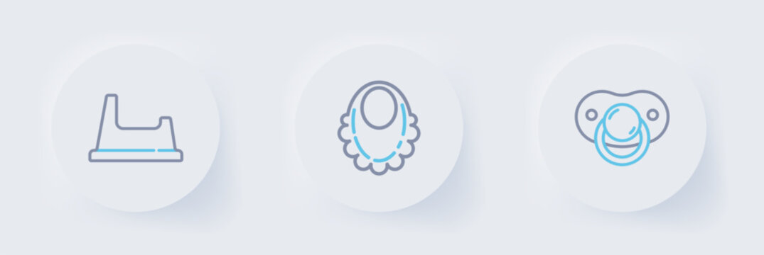 Set line Baby dummy pacifier, bib and potty icon. Vector