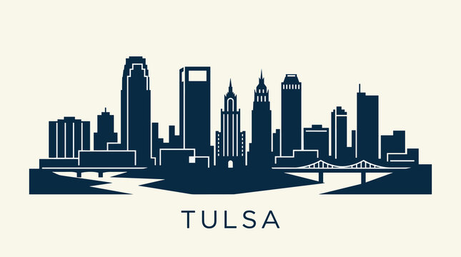 Minimalist Tulsa City Skyline Silhouette Vector Illustration Featuring Architectural Landmarks and Urban Bridge Design