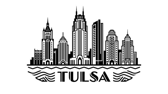 Tulsa Oklahoma skyline vector illustration silhouette with city buildings and decorative text design