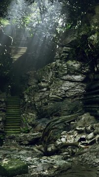 A set of steps rises through a rocky area in a dense forest. Green plants surround the rocks as sunlight filters through the leaves above. Shadows fill the space under the trees.
