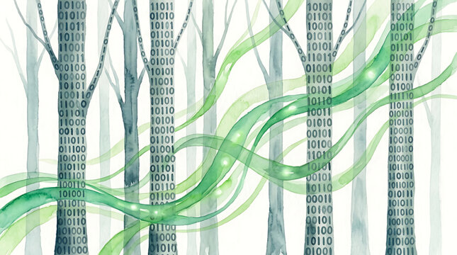 Abstract digital forest with binary code trees and flowing green data streams representing connectivity and information technology network infrastructure