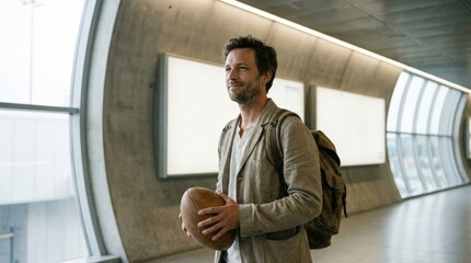 Smiling man with backpack holding rugby ball in modern airport terminal