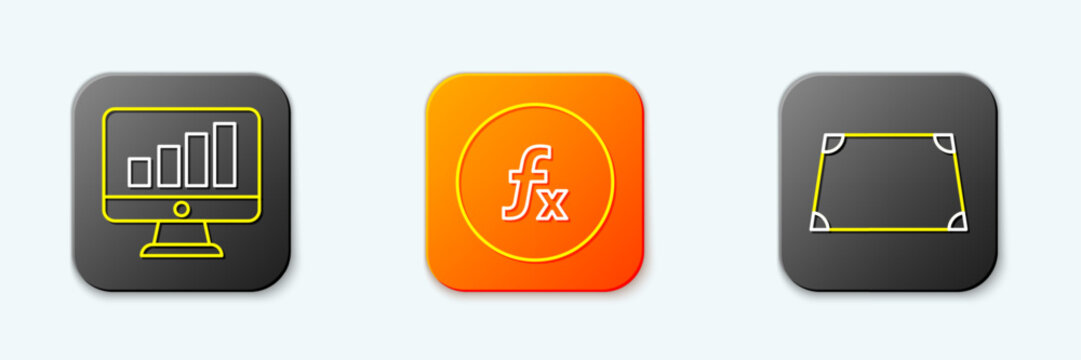 Set line Computer monitor with graph chart, Function mathematical symbol and Acute trapezoid shape icon. Vector