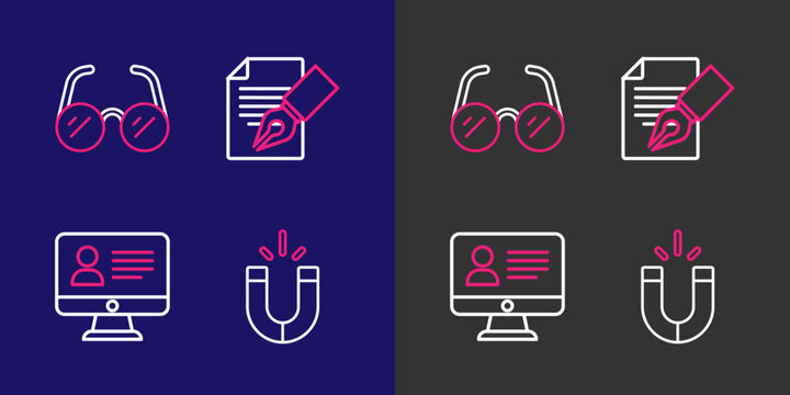 Set line Magnet, Online class, Exam sheet and pencil and Glasses icon. Vector