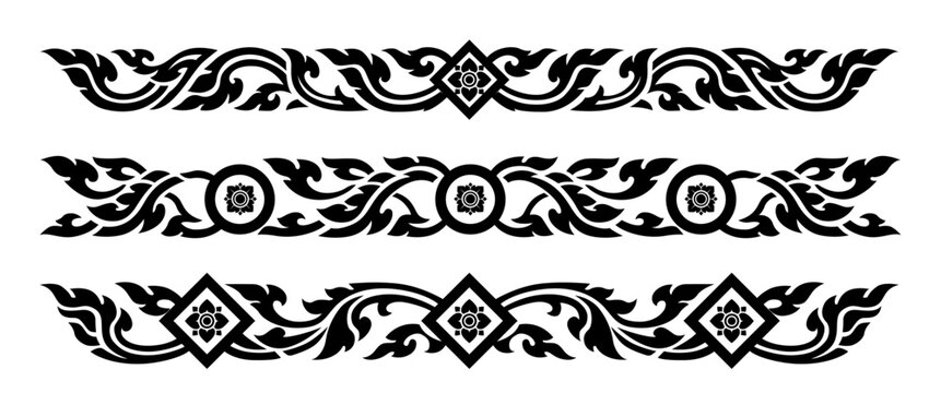 Thai Floral Tribal Border Collection with Traditional Ornamental Decorative Elements, Vintage Thai Pattern Design Set