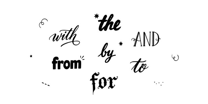 Prepositions and Conjunctions in Handwritten Typography Style Featuring Script, Writing, Words with Language and Grammar Elements
