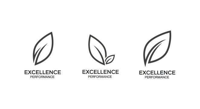 Three leaf icons with excellence text for performance branding.