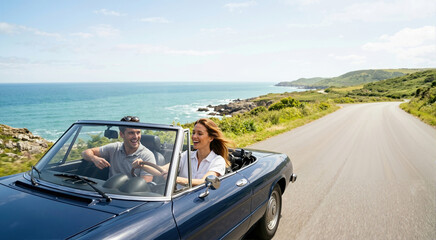 Happy couple driving a blue convertible car on a coastal road. Man and woman enjoying a summer road trip along the ocean. Vacation and travel lifestyle concept