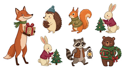 Fototapeta premium Woodland animals in winter clothes with christmas trees and gifts