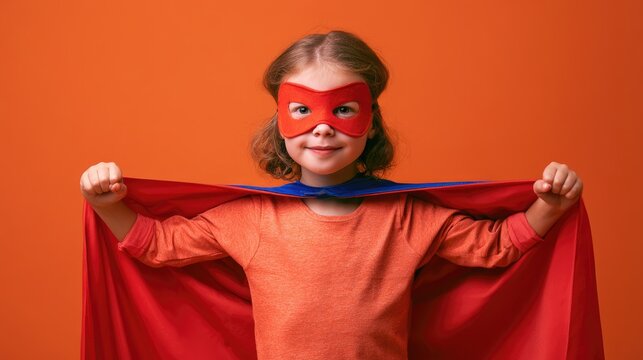 Happy Young Girl Pretending to Be Superhero Holding Red Cape with Confident Smile on Orange Background