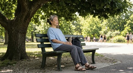Fototapeta premium Elderly Asian woman resting on a park bench under tree shade. Senior female holding a water bottle seeking relief during a summer heatwave