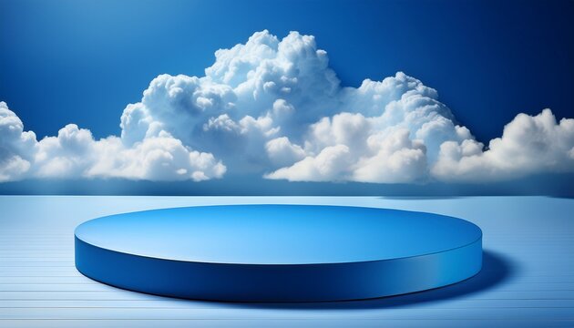 blue circular podium surrounded in the style of clouds in the sky minimalist background symmetrical composition high resolution