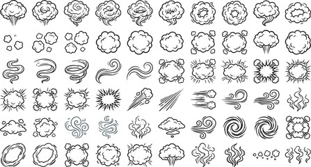 Comic Book Smoke and Explosion Cloud Line Icon Set Featuring Cartoon Speed Lines, Wind Puffs, Steam Swirls, and Blast Effects for Graphic Motion Vector Designs © MstRahima