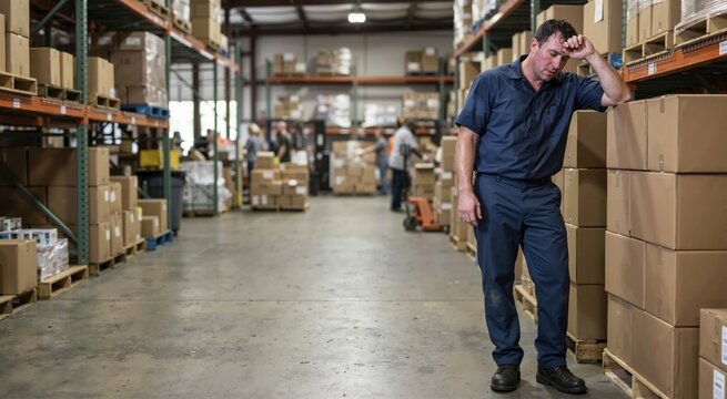 Exhausted male warehouse employee sweating in heavy uniform. Overheated Caucasian worker leaning on cardboard boxes during summer heatwave