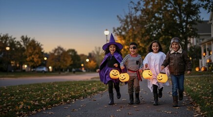 Obraz premium Diverse children in Halloween costumes running with glowing pumpkin lanterns. Kids dressed as witch pirate ghost and aviator trick or treating at twilight. Autumn suburban neighborhood celebration