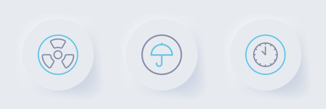 Set line Clock, Delivery package with umbrella and Radioactive icon. Vector