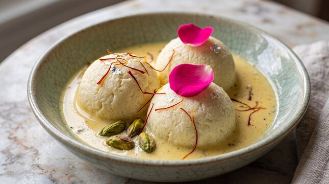 Rasmalai dessert, Indian sweets, creamy pudding, saffron sauce