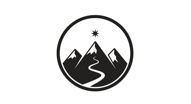 Minimalist mountain peak icon with a winding path and a guiding star.