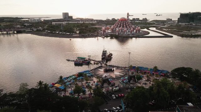 Drone View of Losari Beach and 99 Kubah Mosque in Makassar