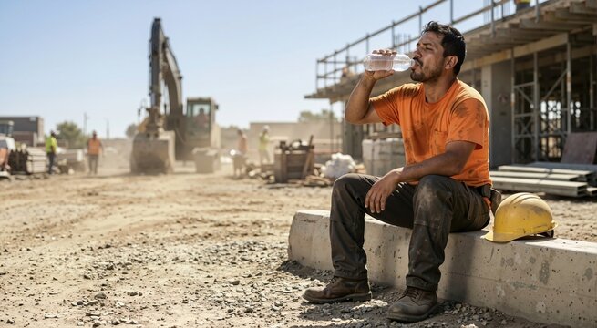 Tired Hispanic construction worker drinking water on a dusty building site. Exhausted builder taking a break on a hot summer day. Heatwave concept