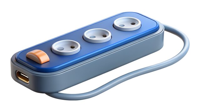 Modern blue power strip with three electrical outlets and a usbc port, featuring a sleek design and a power switch, isolated on white background