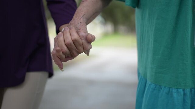 Closeup of mature woman holding hands with her elderly mother while walking in a park outside enjoying each others company.