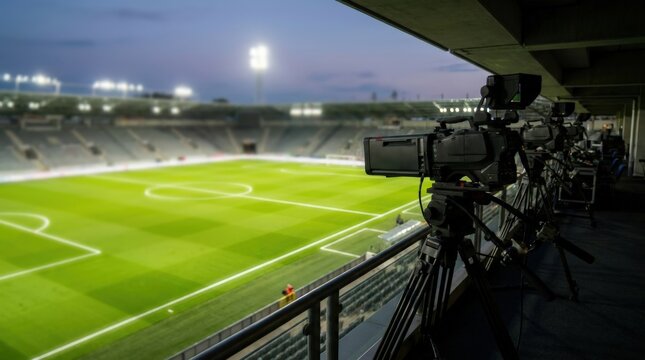 Broadcast cameras overlooking soccer stadium before live sports event